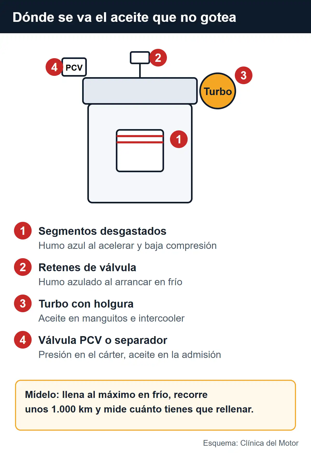 Esquema de un motor con los cuatro puntos por los que se consume aceite sin fugas: segmentos, retenes de válvula, turbo y válvula PCV, y cómo medir el consumo